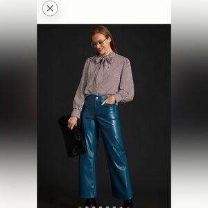 Anthroplogie Maeve Colette Blue Metallic Vegan Leather Cropped Wide-Leg Pants
